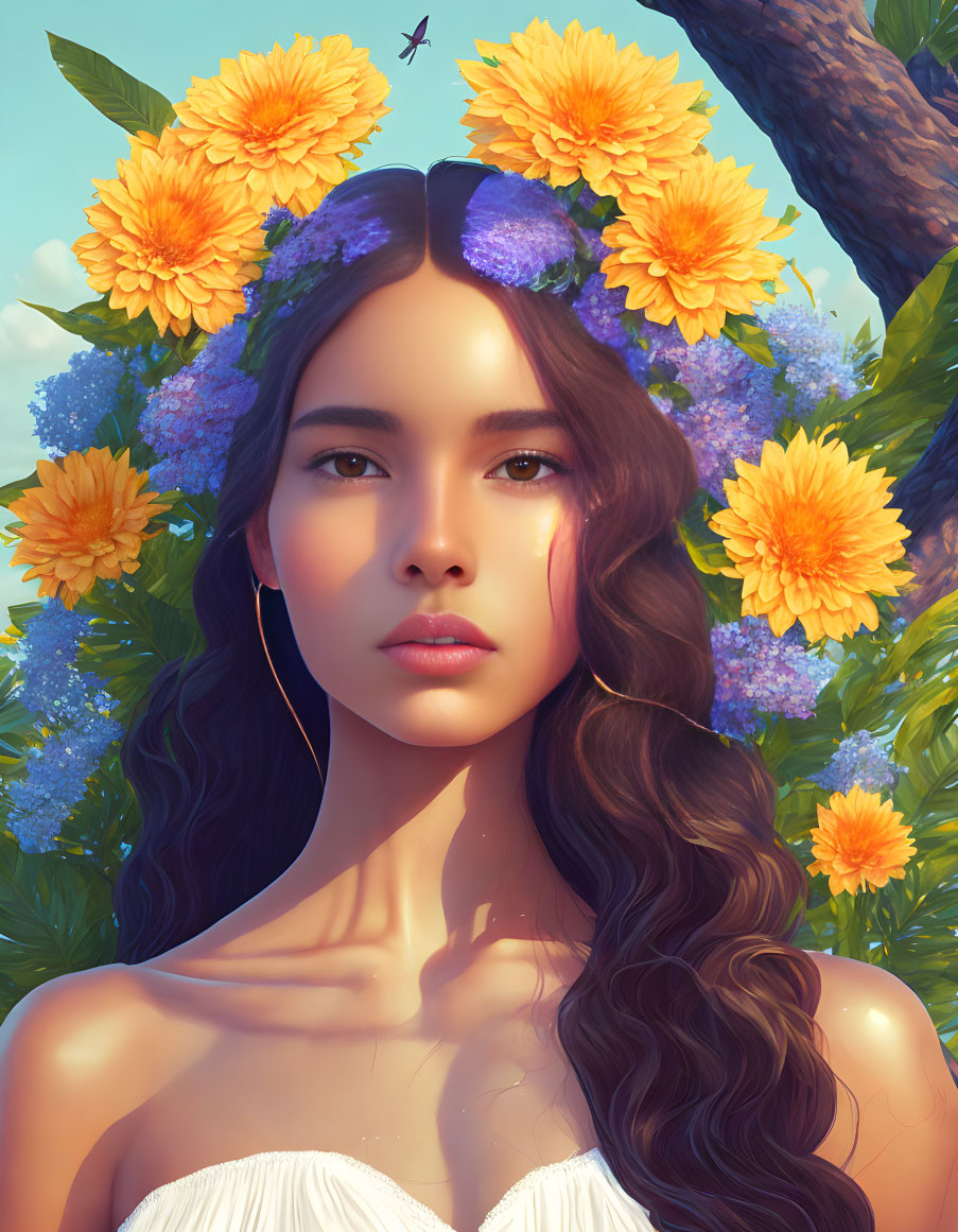 Digital portrait of woman with orange and purple floral headpiece against sky backdrop.