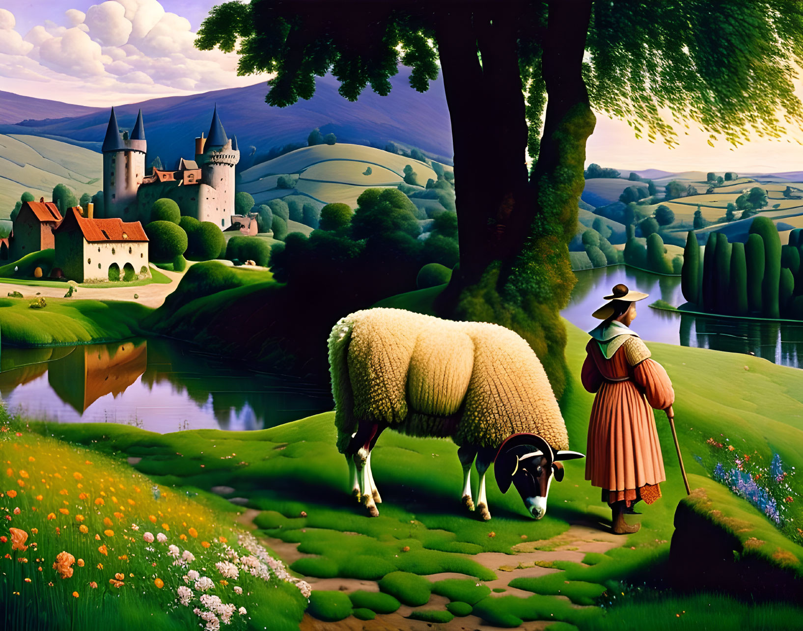 Vintage-clad woman herding sheep in front of castle and lush landscape