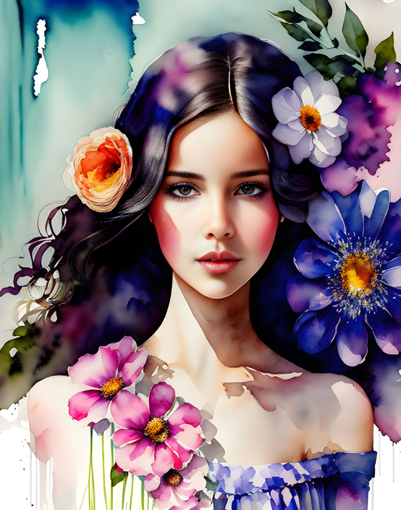 Vivid flower-themed digital painting with expressive eyes