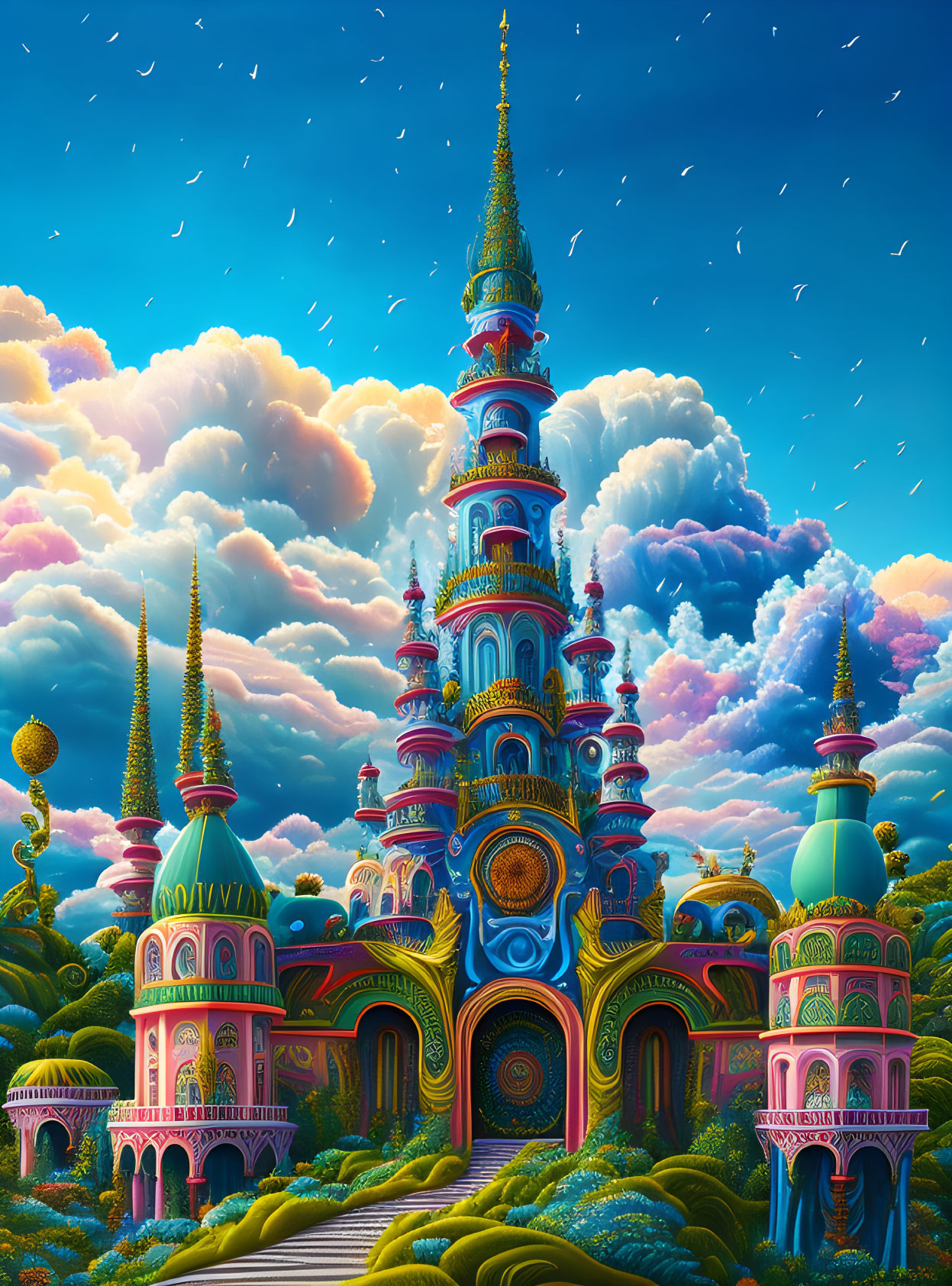 Colorful Fantastical Castle in Lush Hill Setting with Falling Stars