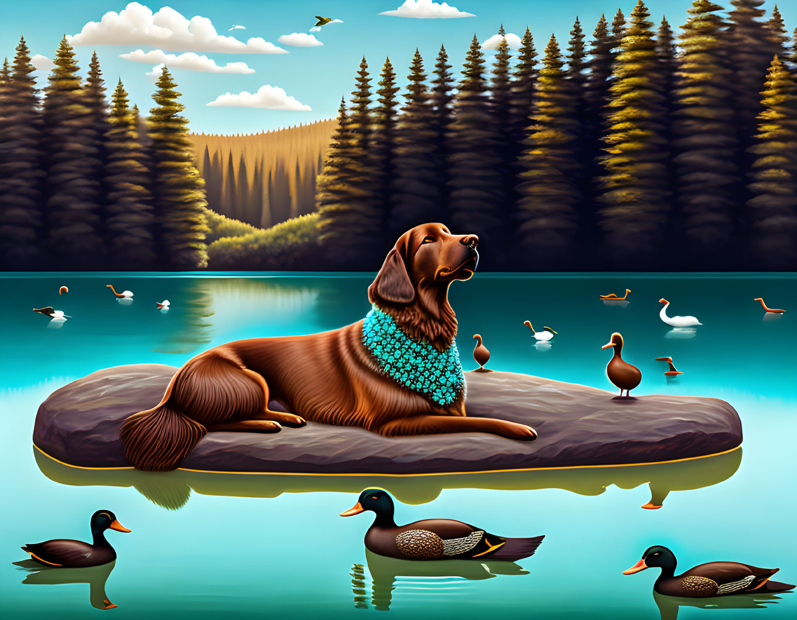 Dog in Blue Scarf Sitting Among Ducks on Rock by Serene Lake