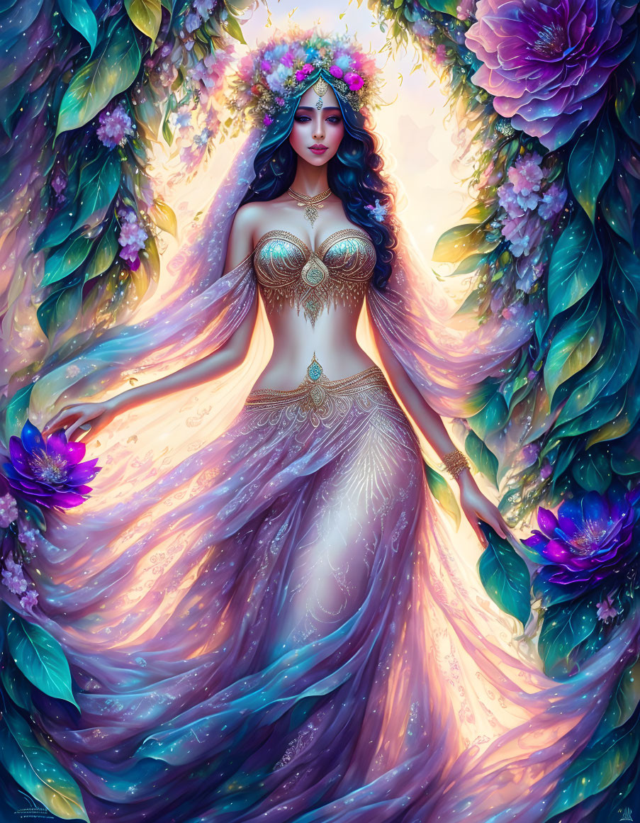 Ethereal woman in lavender gown surrounded by purple flowers