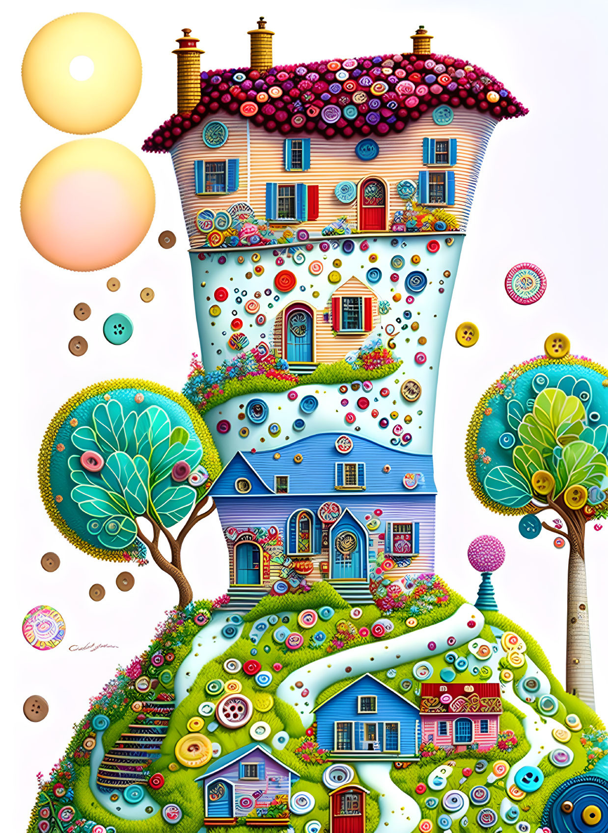 Whimsical multi-story house illustration with floral decor and pastel colors