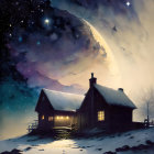 Rustic wooden cabin under starry night sky with Milky Way and crescent moon, snowy landscape