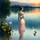 Woman by calm lake at sunset with swans and water lilies