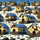 Snow-covered stone houses in whimsical village under starry night sky