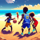 Kids playing basketball on sandy beach under clear blue sky