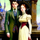 Vintage dressed-up couple in front of ornate clock and castle-like architecture.