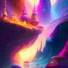 Fantasy landscape with swirling purple and blue hues, whimsical architecture, floating islands, and glowing flora