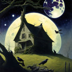 Spooky nighttime landscape with house, moon, trees, birds, and raven