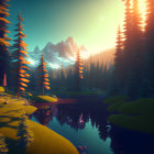 Tranquil forest scene with pine trees, lake, mountains, and sunset