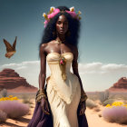 Digital artwork: Woman in desert with gold and white dress, flowers in hair, butterflies.