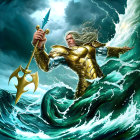 Muscular bearded figure with golden trident in stormy sea scene