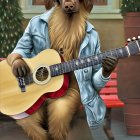 Dog with human-like features playing guitar in denim jacket by building