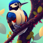 Vibrant bird illustration on branch with colorful plumage and lush foliage