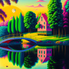 Colorful surreal landscape with house, lake, bridge, birds, and crescent moon.