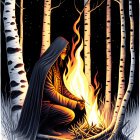 Cloaked Figure by Campfire in Birch Tree Forest at Night