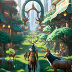 Fantasy Scene: Man with Antlers Surrounded by Magical Deer in Enchanting Forest City