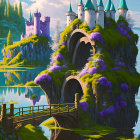 Majestic fairytale castle on lush cliff with waterfalls and vibrant flora reflected in serene lake