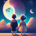 Children observing oversized celestial bodies in whimsical night sky