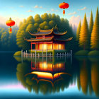 Traditional Asian pagoda by lake at dusk with forest, sky lanterns, and reflection.