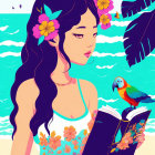 Illustration of woman with flowers reading on beach with parrot & ocean.