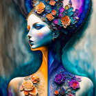 Colorful artwork of a woman with blue skin and floral headdress