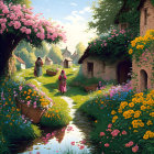 Serene fantasy landscape with ancient castle, lush greenery, calm river, and figure at arched