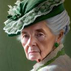 Elderly Woman Portrait in Green Hat and Lace Details