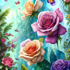 Colorful roses and butterflies on teal background with bokeh lights