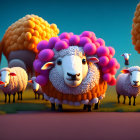 Stylized sheep with fluffy wool in field under twilight sky