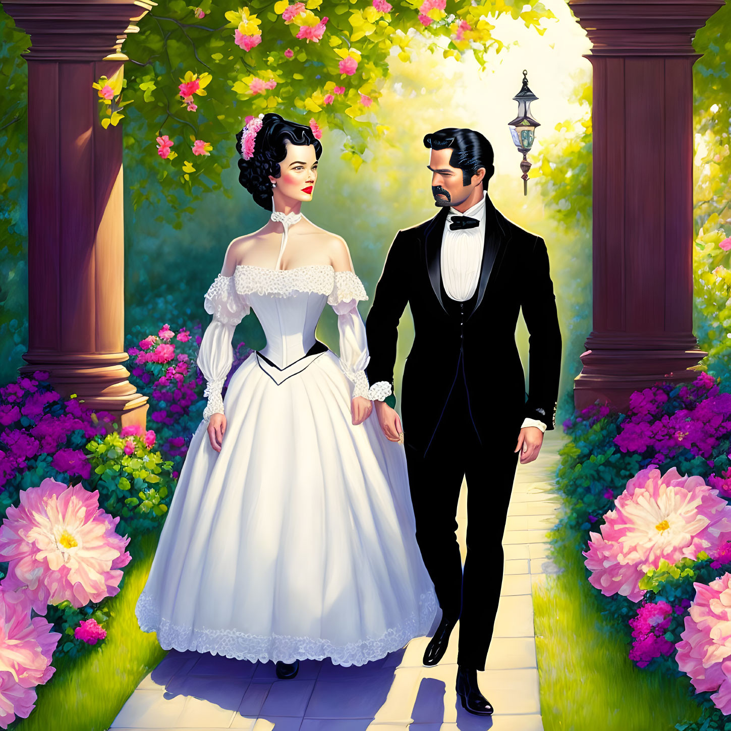 Victorian-era man and woman in lush garden with classical columns