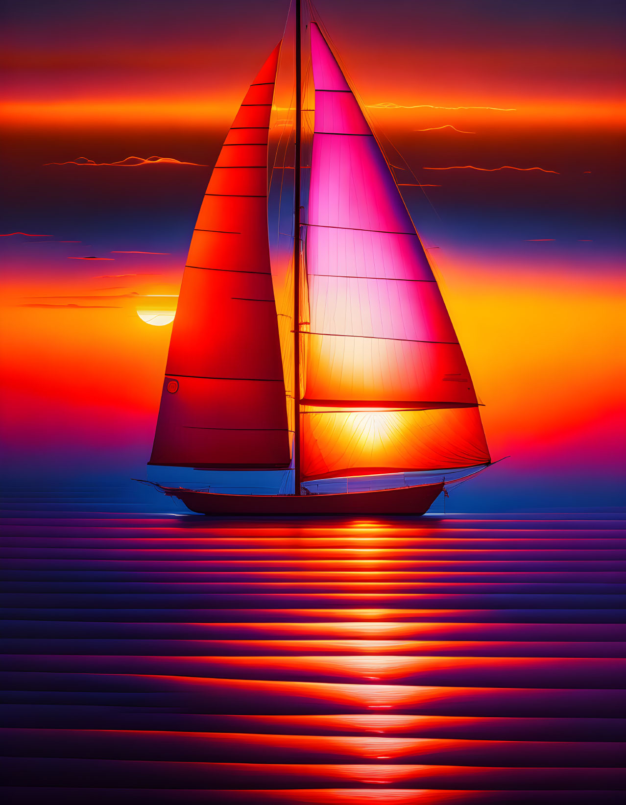 Sailboat with Glowing Sails on Shimmering Sea at Sunset