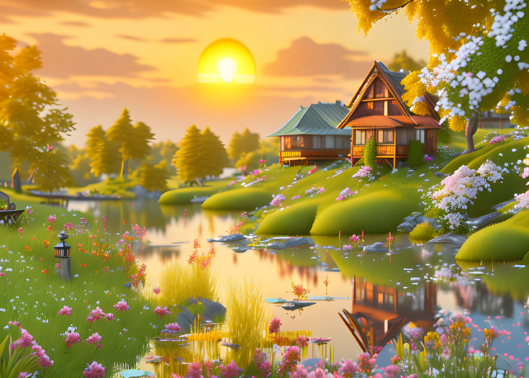 Tranquil sunset scene with traditional houses, river, ducks, and blooming trees