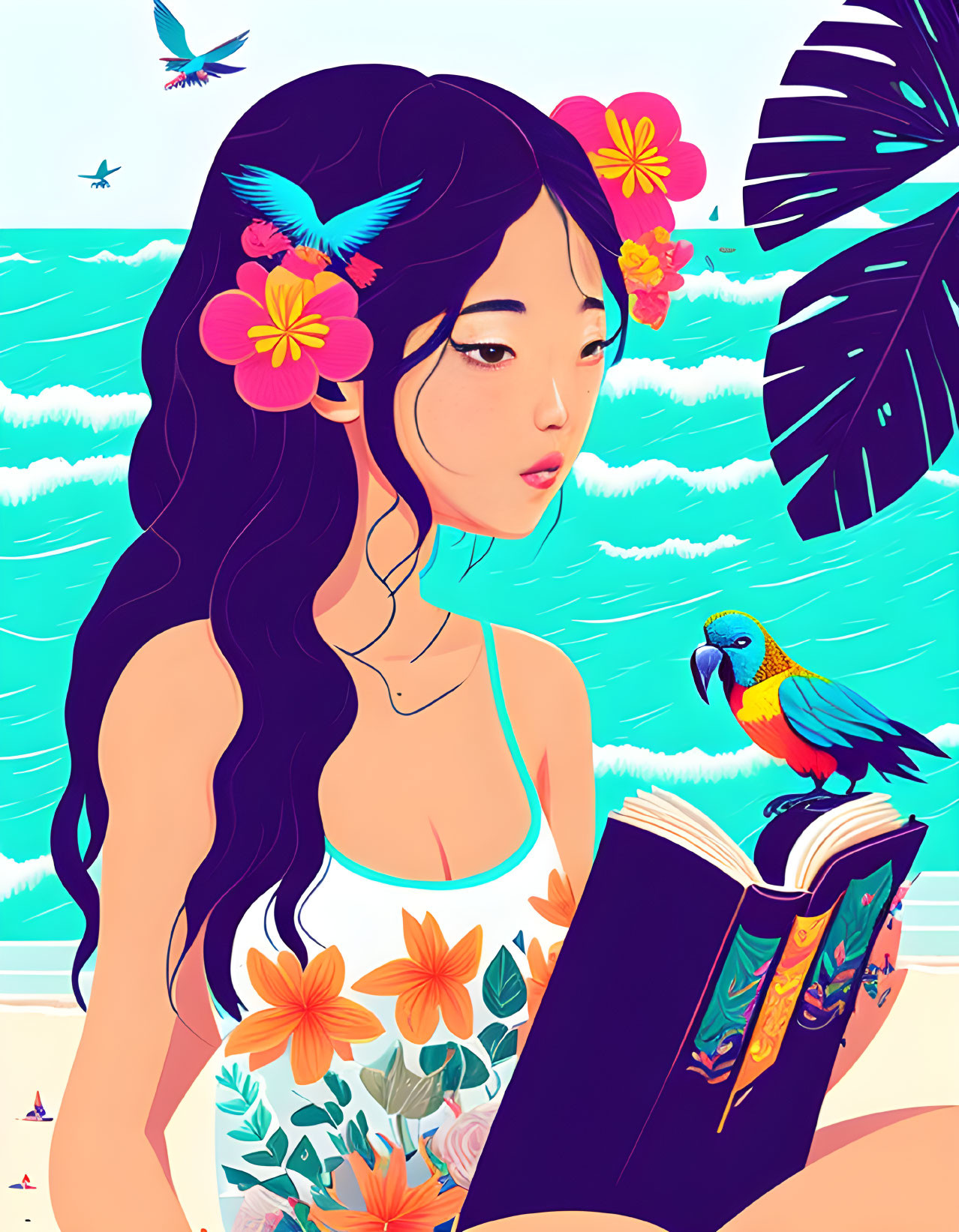 Illustration of woman with flowers reading on beach with parrot & ocean.