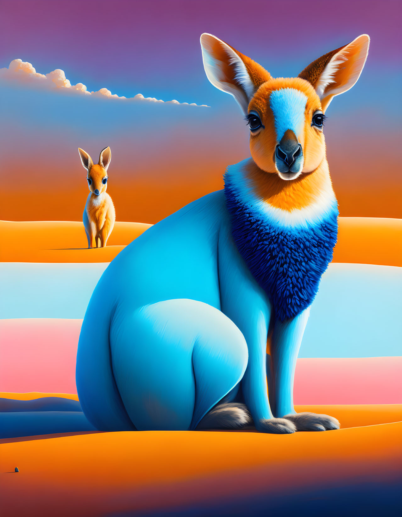 Vibrant surreal digital artwork: large blue kangaroo on colorful terrain with smaller kangaroo in background