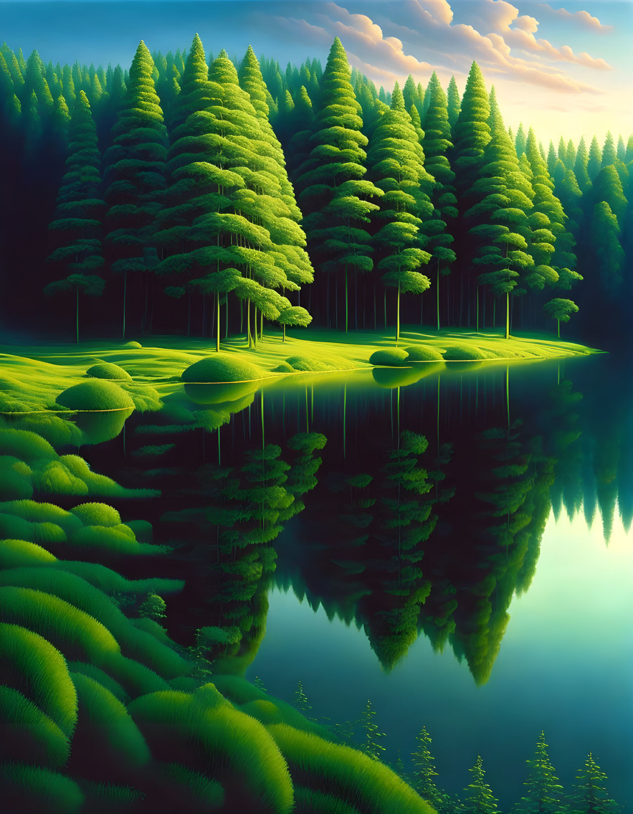 Tranquil digital art: Lush forest reflected in calm lake at dawn