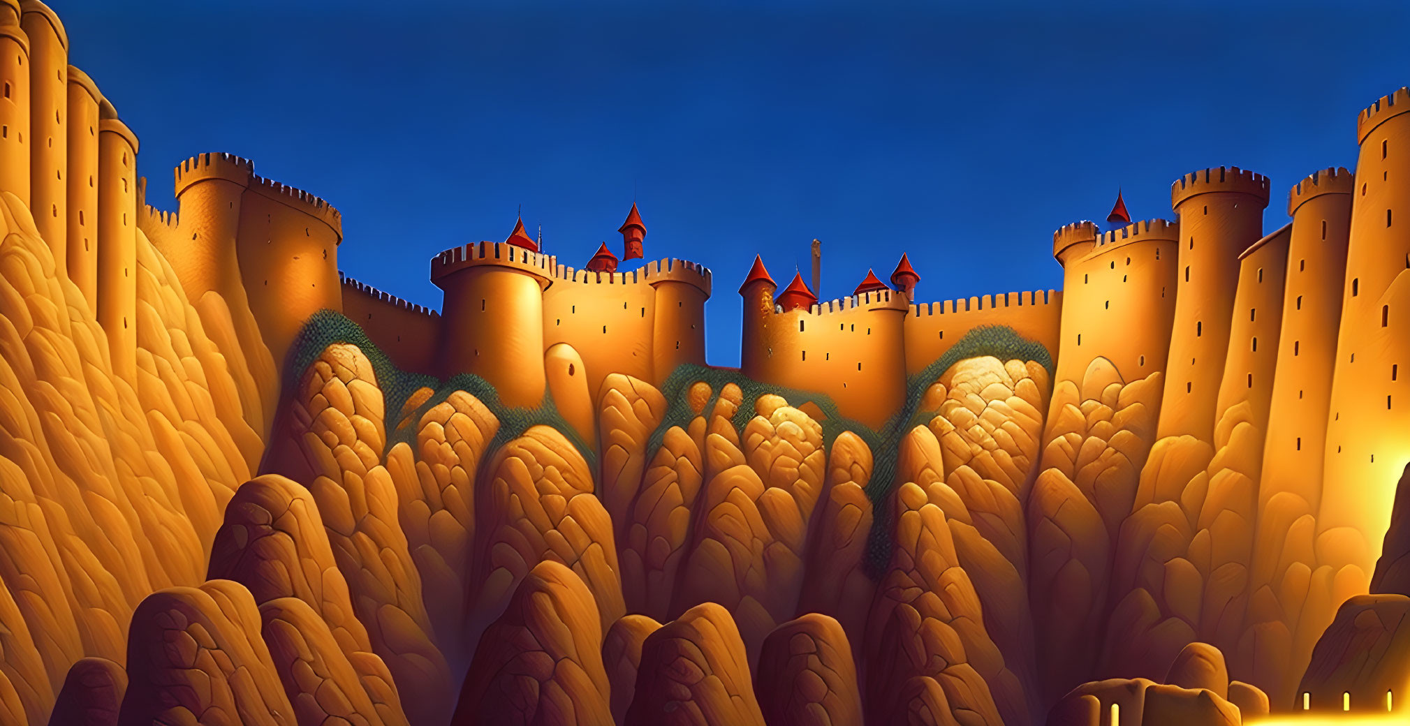 Illuminated castle on sandy hills under twilight sky