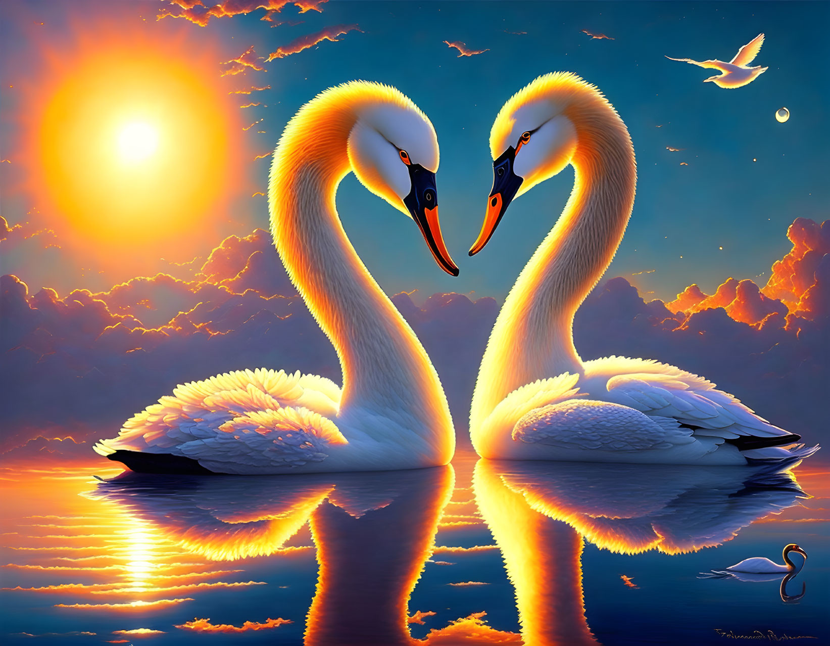 Swans creating heart shape on water under sunset sky