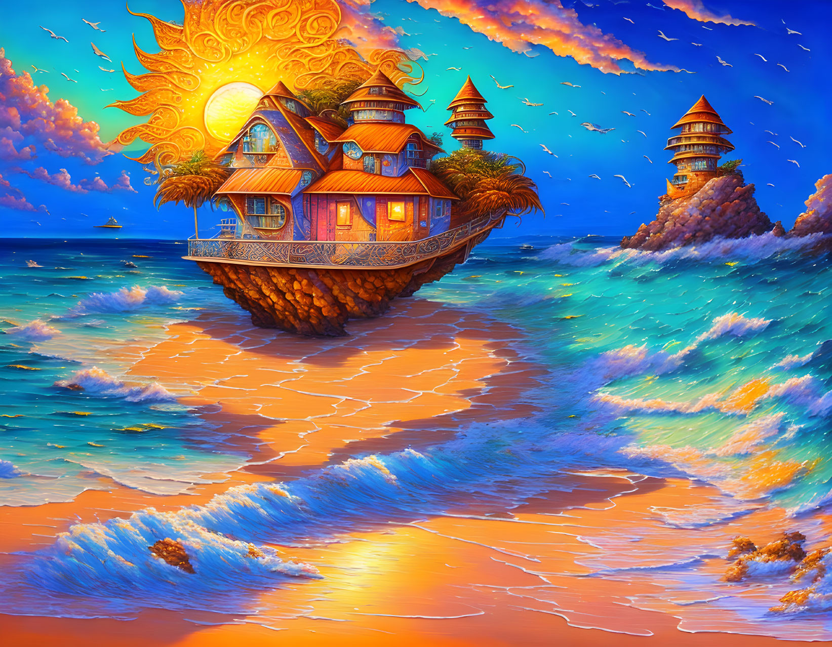 Whimsical painting: house on floating island, towers, sun face, vibrant ocean, fiery sunset