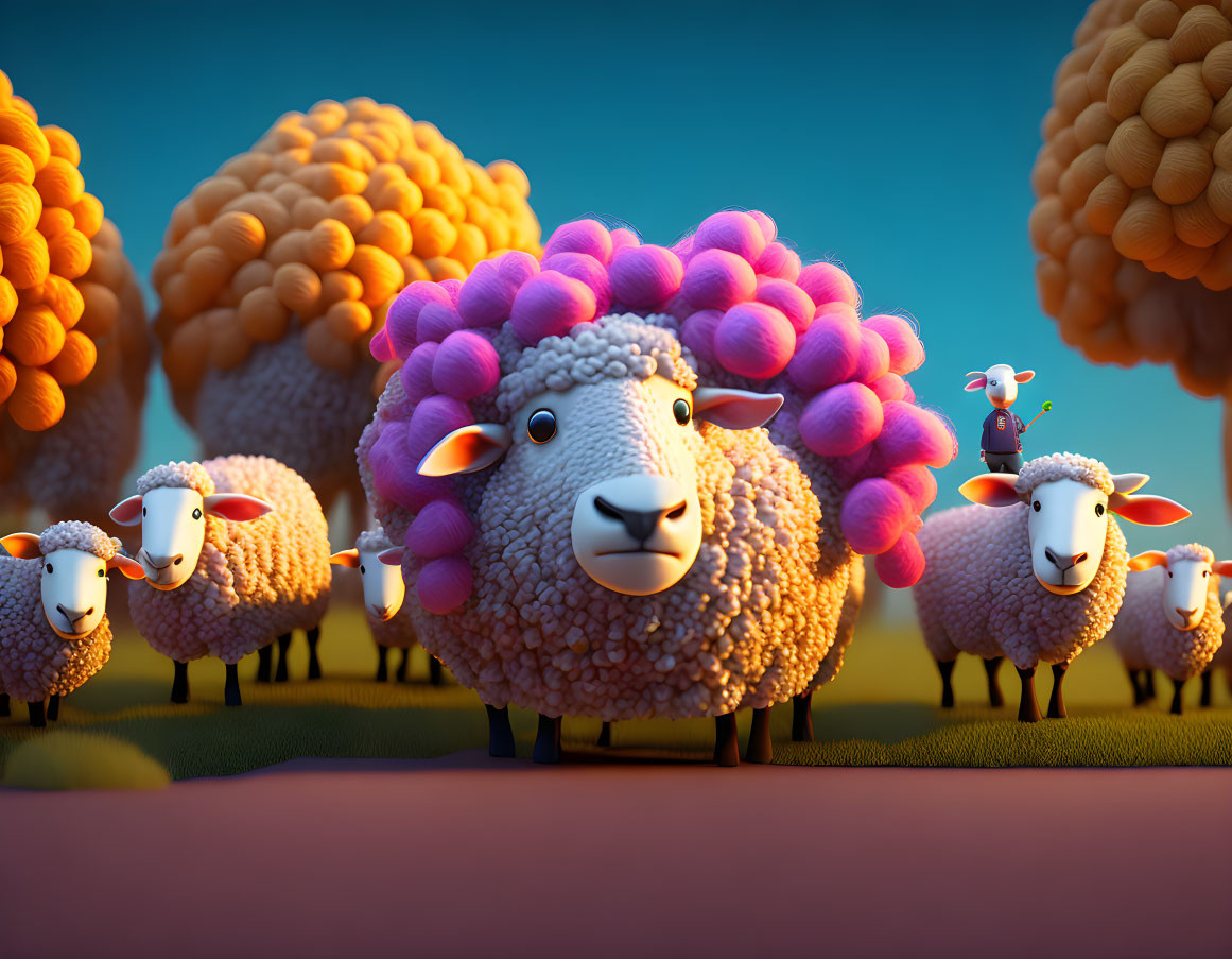 Stylized sheep with fluffy wool in field under twilight sky