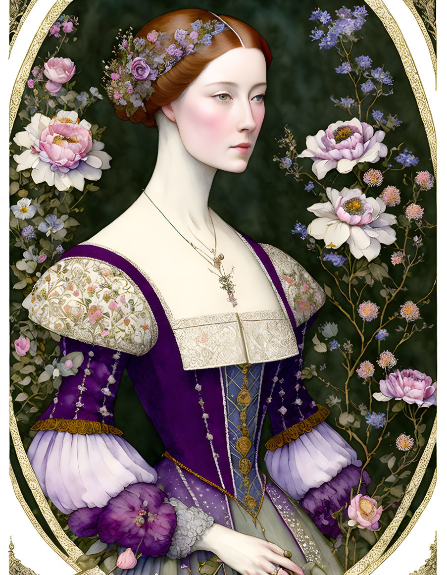 Medieval woman in purple dress with floral patterns and golden frame among lush flowers