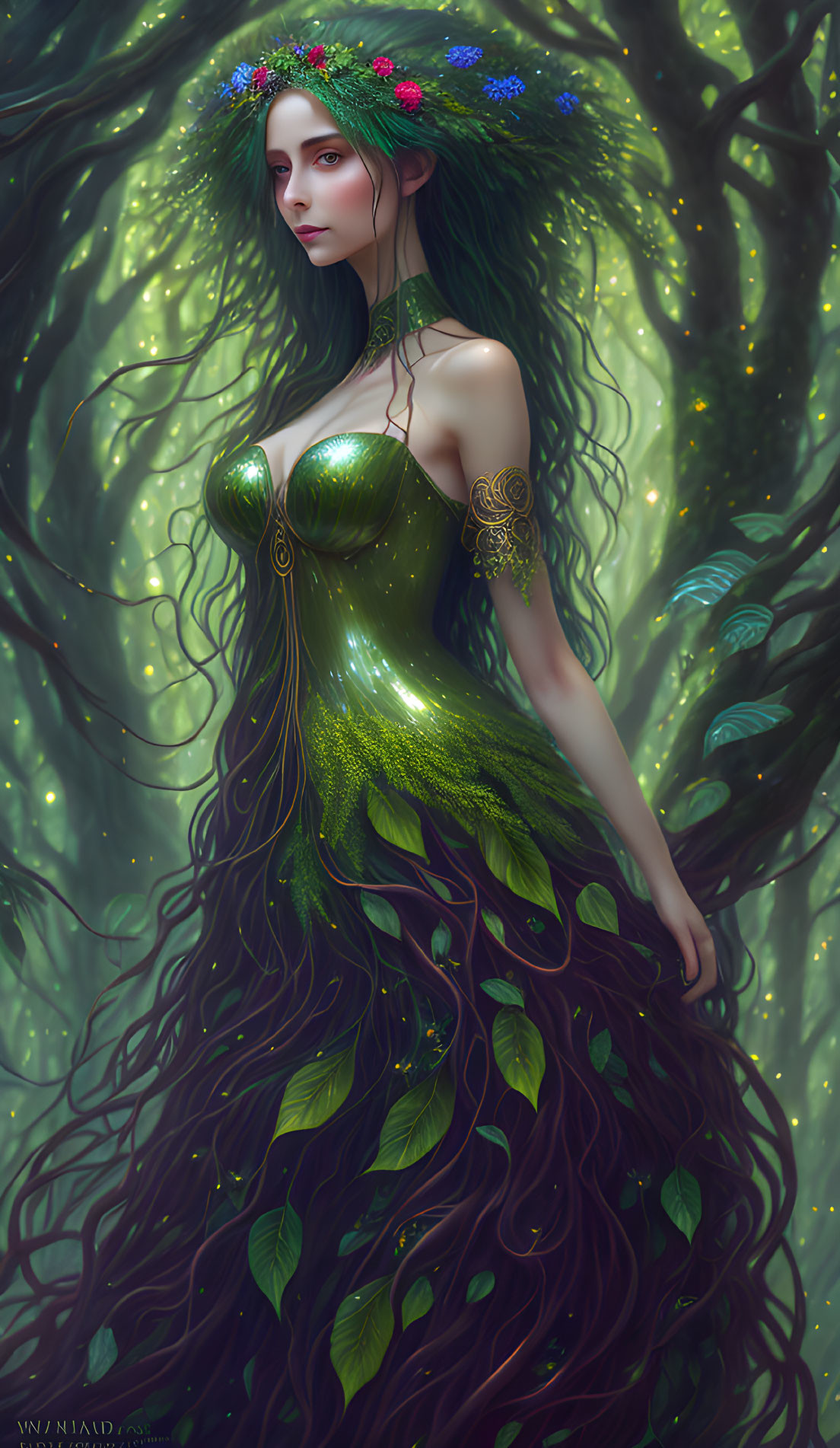 Mystical female figure with floral crown in verdant grove