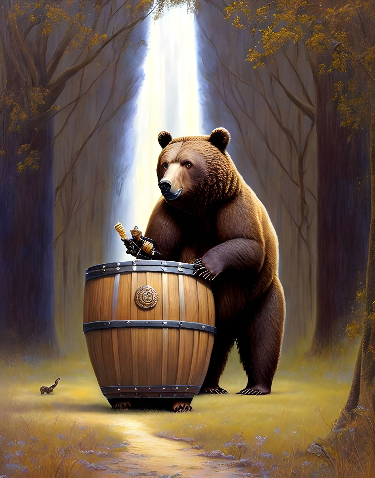 Bear holding fish-filled barrel with bird in forest setting