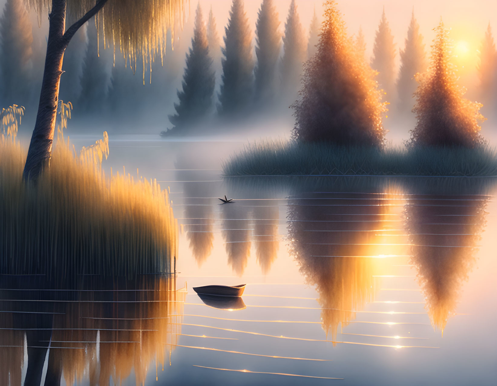 Tranquil dawn landscape with misty lake, small boat, reeds, trees, golden sunlight