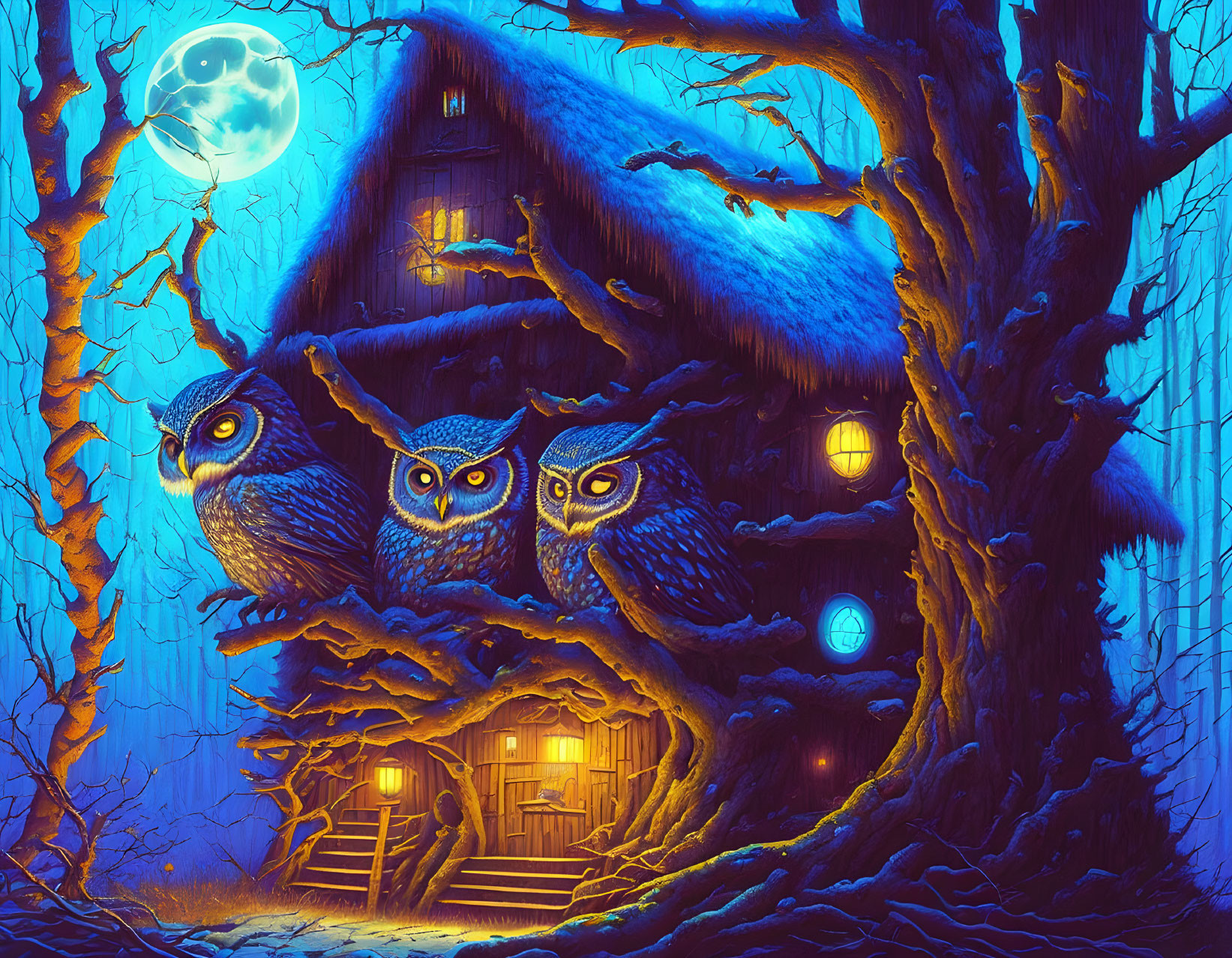 Mystical thatched cottage in blue forest with owls under full moon