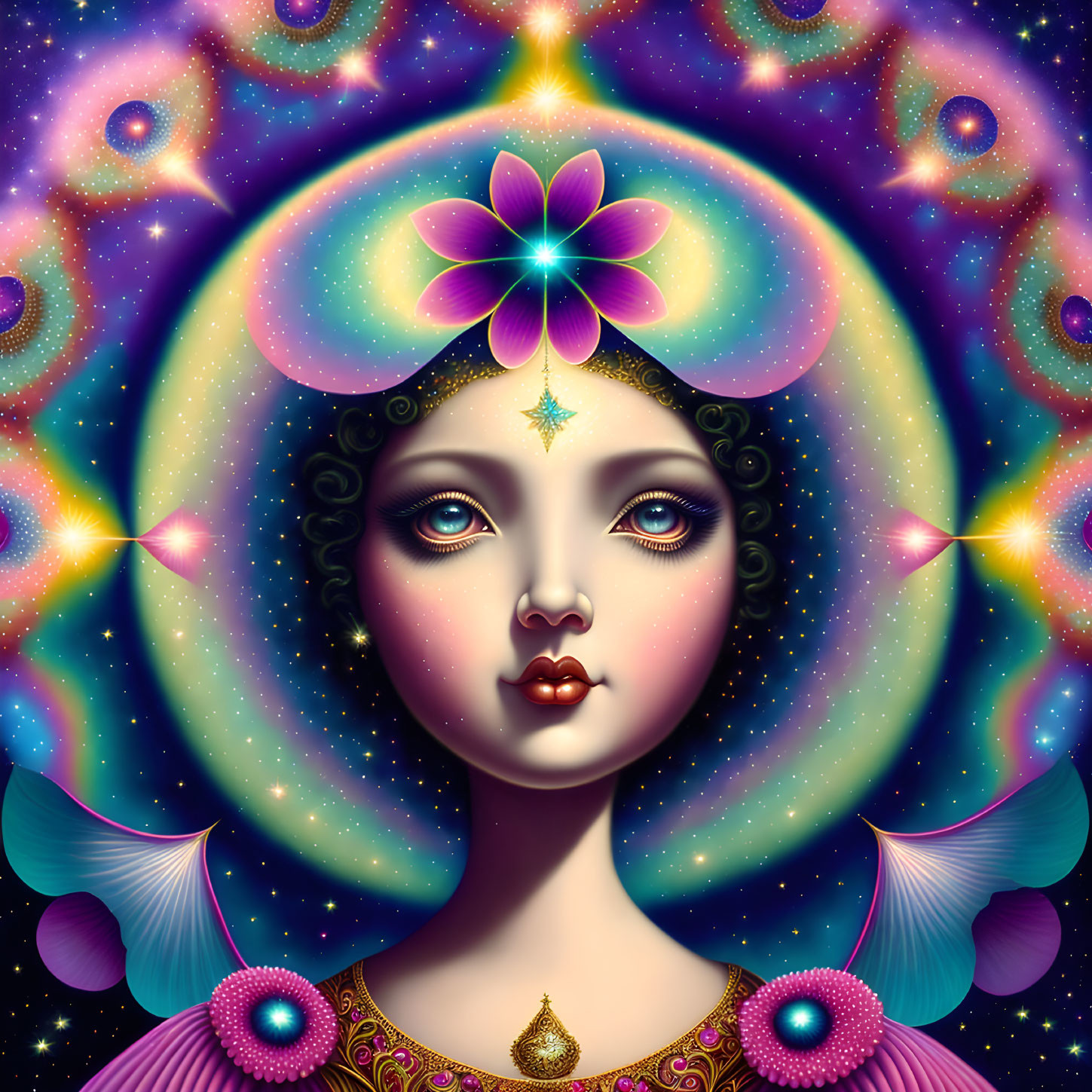 Vibrant cosmic woman with halo, lotus flower, celestial backdrop