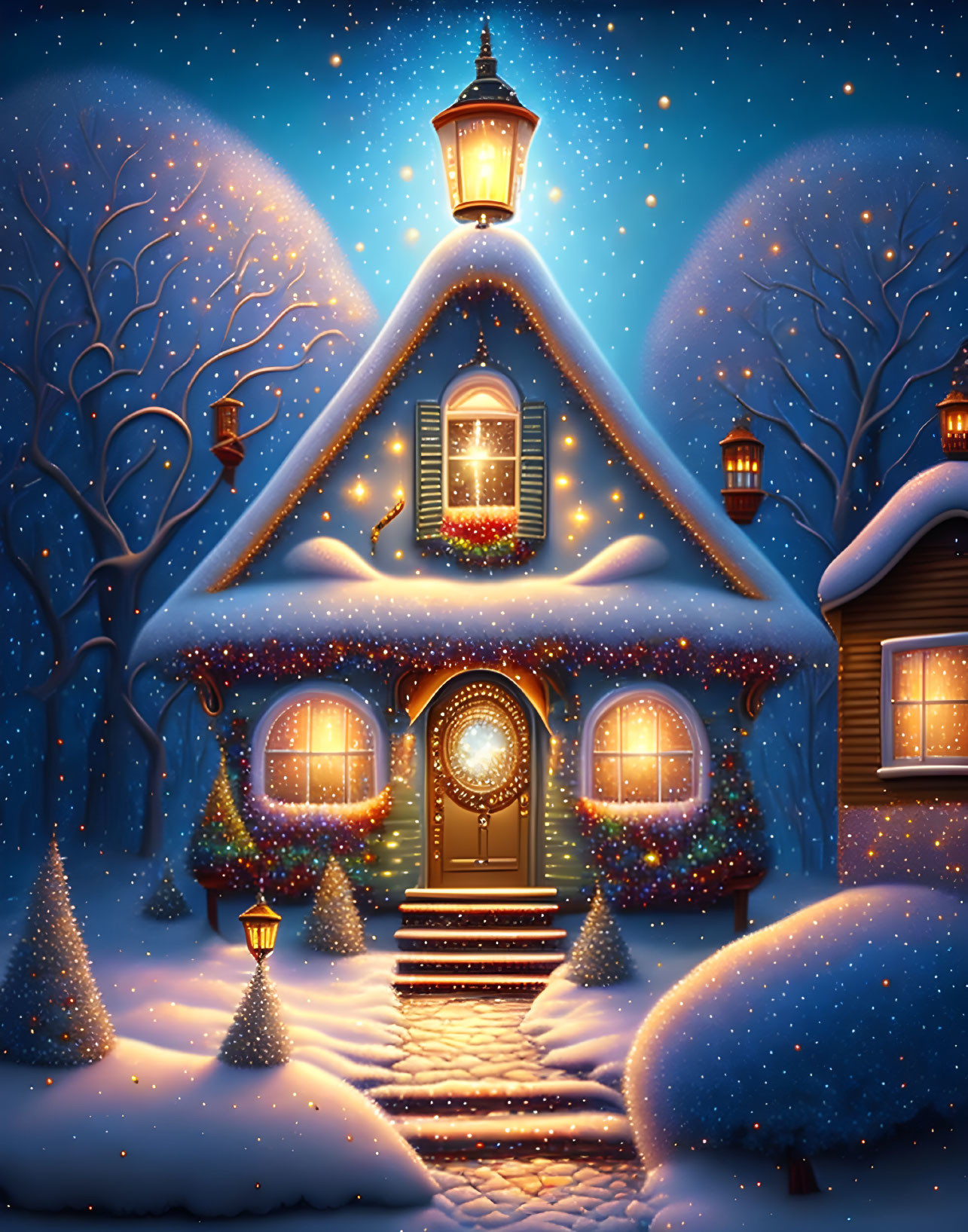 Snow-covered cottage with illuminated windows and starry sky