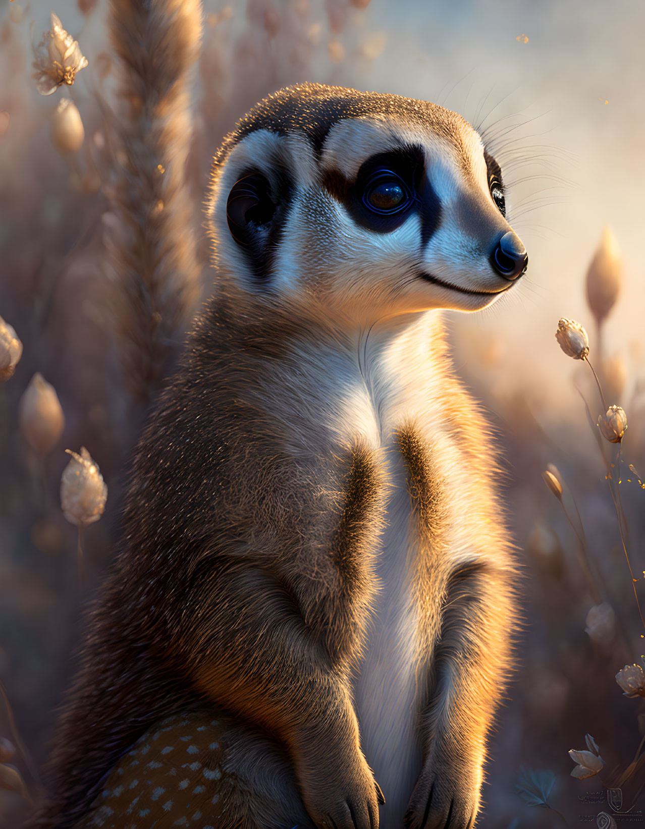 Humanoid meerkat digital art in field at golden hour