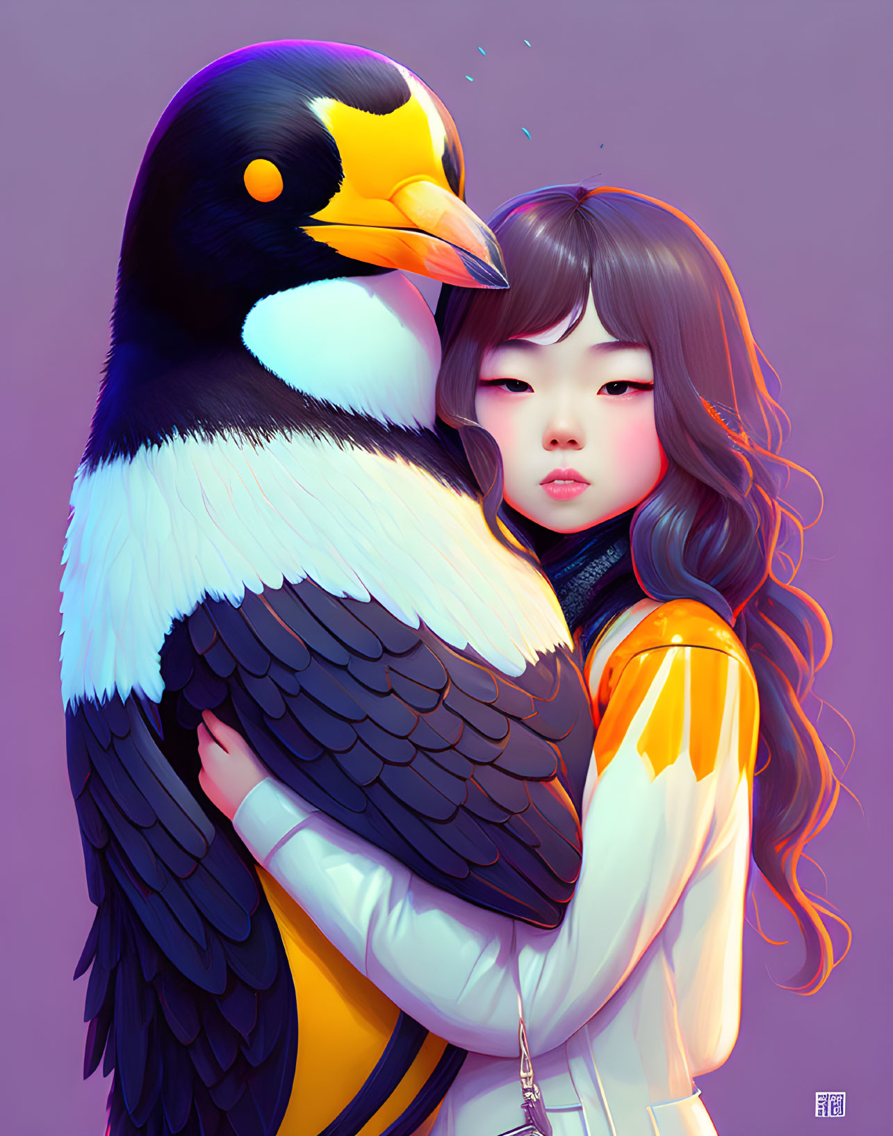 Young girl with long hair embraces realistic penguin on purple background. Yellow jacket, melancholic expression.